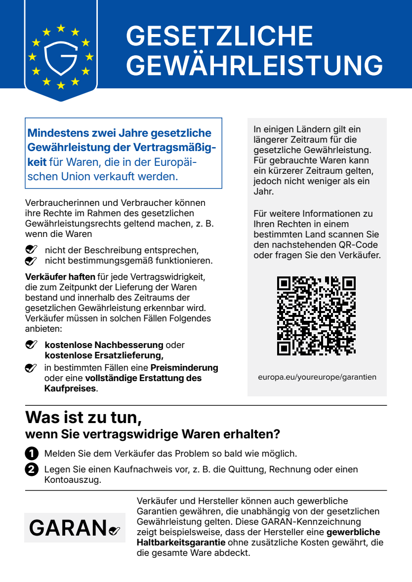 Offizielle EU-Mitteilung: gesetzliche Gewährleistung für Waren. Vollständige Mitteilung als PDF öffnen.